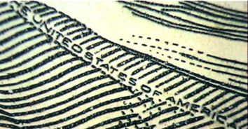 Рис. 89. Искажение знаков микротекста на поддельной банкноте.